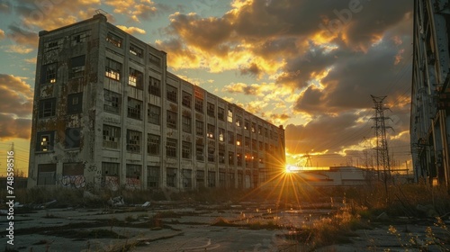 Whispers of the Past: An old factory, its facade crumbling, stands against the setting sun, a testament to manufacturing glory.