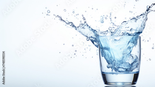 Splashing water in a glass on white background. Isolate. Copy space. 