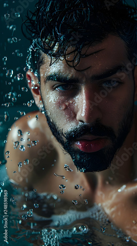 handsome shirtless man in water photo