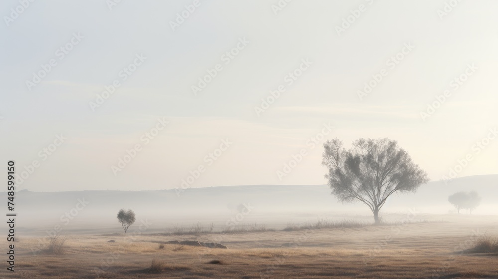 a foggy landscape with three trees in the foreground and a distant hill in the distance in the distance.