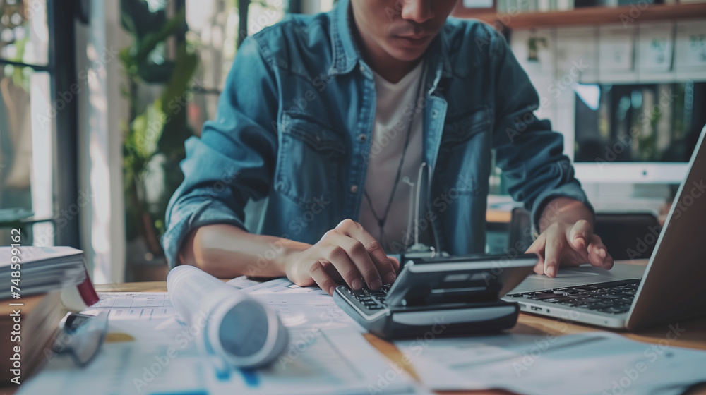 Young man working in the office on paper work, holding a calculator and processing data, bills and documents online via laptop