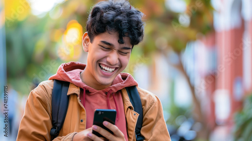 Young hispanic student celebrating victory and happy good news online, man reading page interent received notification and message, hold phone, use app win and good achievement