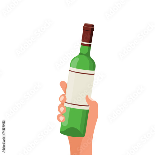 Bottle of red wine holding in hand. Dessert, table or sweet wine. Alcoholic drinks. Vector illustration flat design. Isolated on white background.