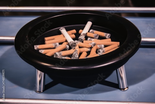 Mysterious and eerie glowing cigarette in ashtray on dark and foggy night atmosphere photo