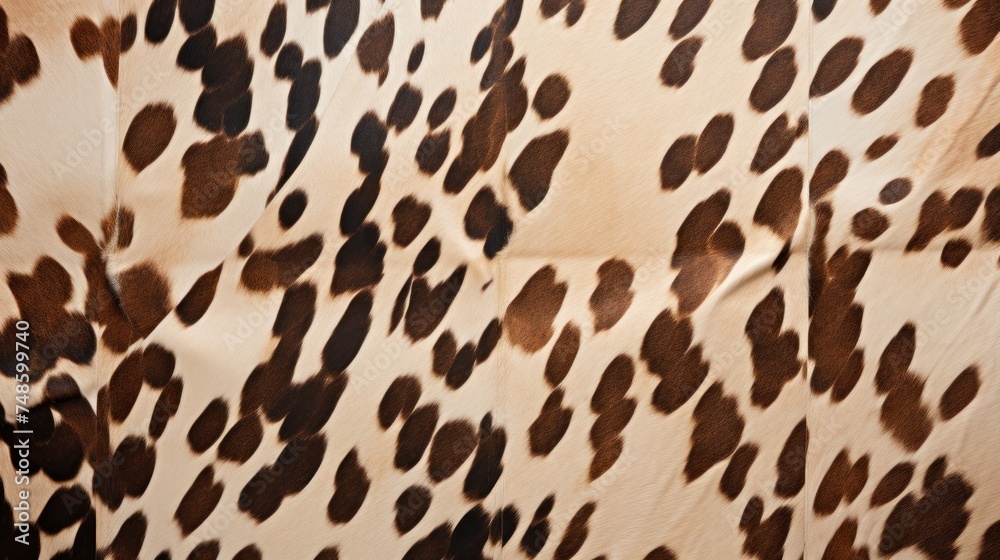 a close up of a cow print fabric with spots of brown and black on the top of the animal print. a close up of a cow print fabric with spots of brown and black on the top of the animal print.