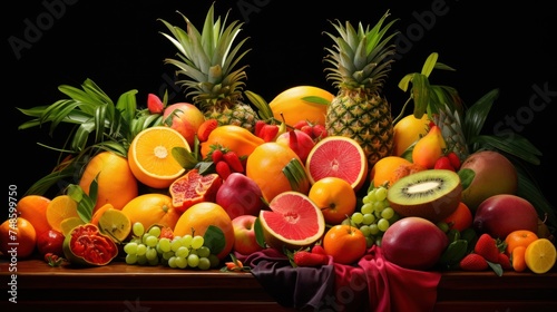 a close up of a bunch of fruit on a table with pineapples, oranges, grapes, and watermelon.