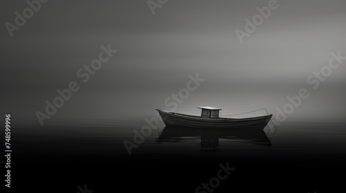 a black and white photo of a boat on a body of water with a foggy sky in the background. photo