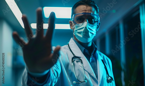 Shows stop gesture by hand. male doctor scientist in lab coat, defensive eyewear and mask photo