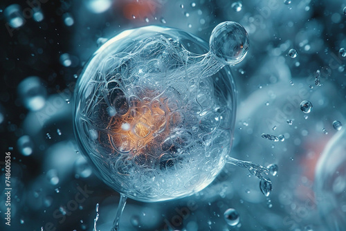 A highly detailed visualization of a cellular microstructure with complex inner workings, encapsulated within a translucent sphere.