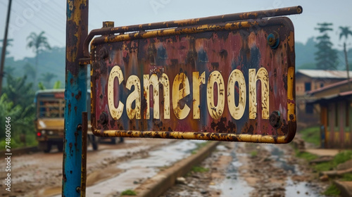 Old rusty sign with the text Cameroon in the background.