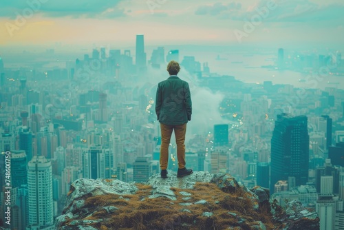 Man Standing on Mountain Overlooking City