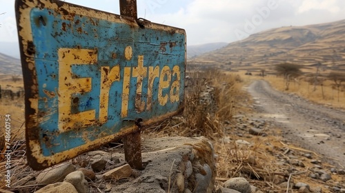Old rusty metal sign with the inscription Eritrea in the desert.