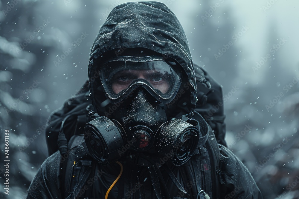 Man in Gas Mask Walking in Snow