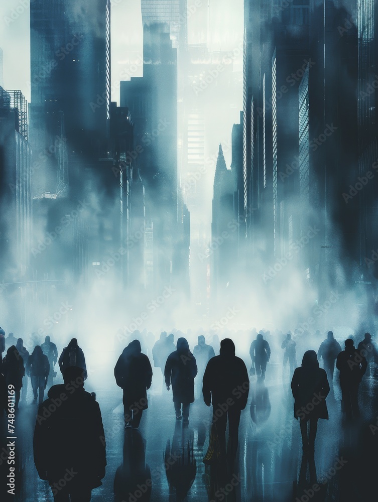 Group of People Walking Through a Foggy City