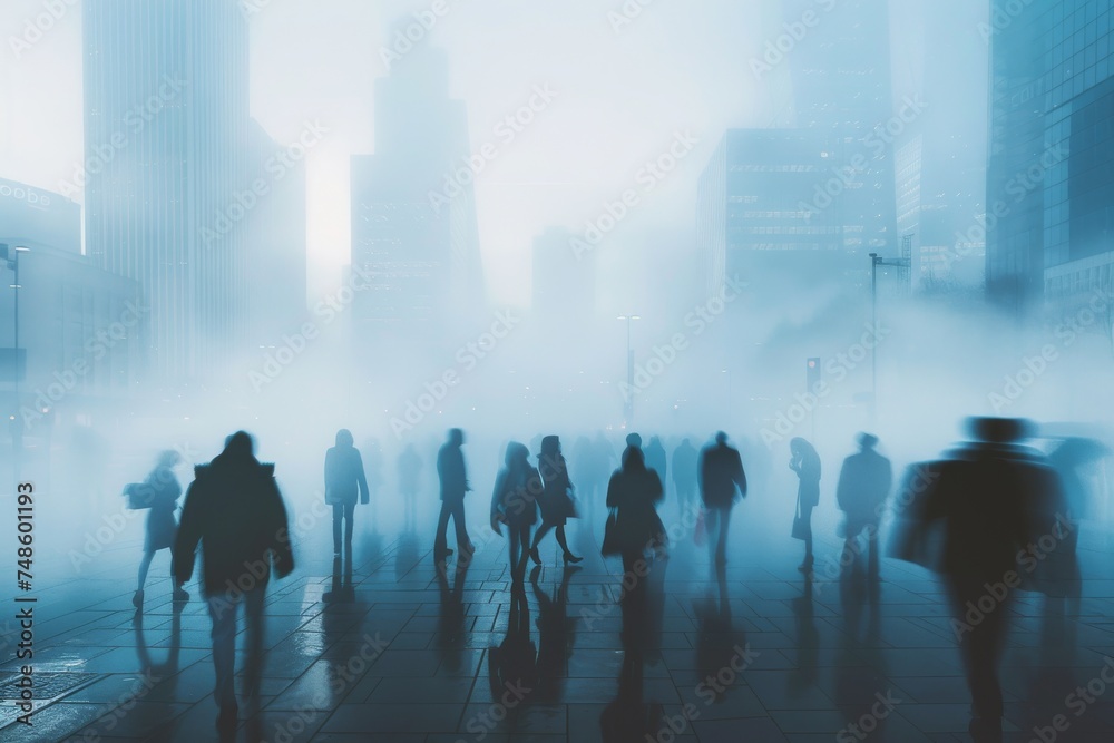 Group of People Walking Down a Foggy City Street
