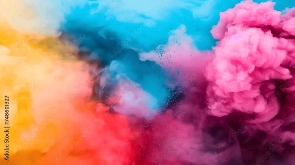 Fototapeta premium Vibrant colorful blue, yellow and pink smoke floating on black background. Suitable for overlay quote or text on it for Holi festival presentations or banner design.