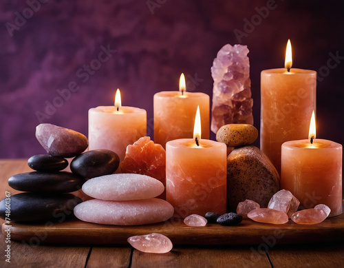 dark purple backgroud for a medical aesthetic spa, himalayan salt, hot stones, candles pricing list