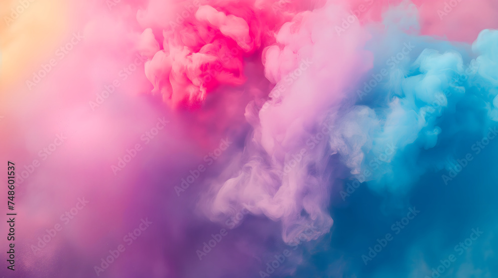 Pastel colorful blue and pink smoke floating on black background. Suitable for overlay quote or text on it for Holi festival presentations or banner design.