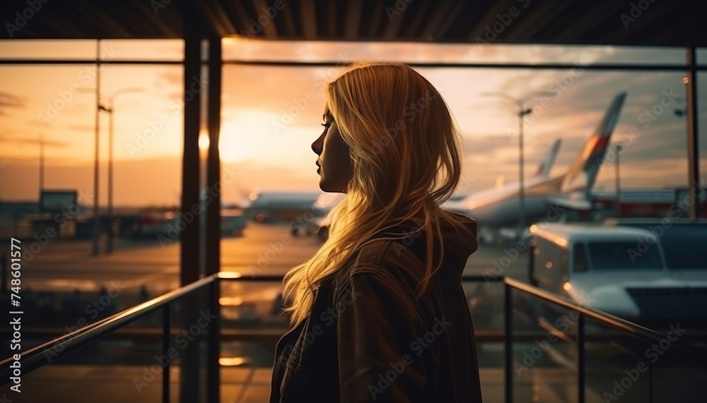 Female traveler with a suitcase standing in an airport, travel concept with copy space for text Female traveler with a suitcase standing in an airport, travel concept with copy space for text