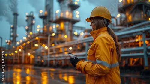 Asia oil and gas production control engineer or supervisor with digital pad monitoring natural gas supply and distribution in refinery Installation view of natural gas refinery pipes 