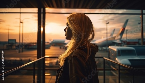 Female traveler with a suitcase standing in an airport, travel concept with copy space for text