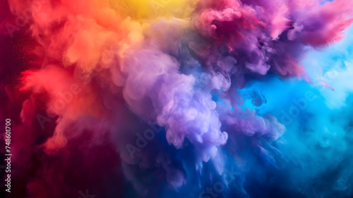 Vibrant colorful blue, red and purple smoke floating on black background. Suitable for overlay quote or text on it for Holi festival presentations or banner design.