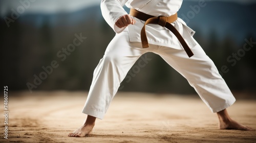 Man in kimono practicing martial arts kick on blurred background with copy space. Sport
