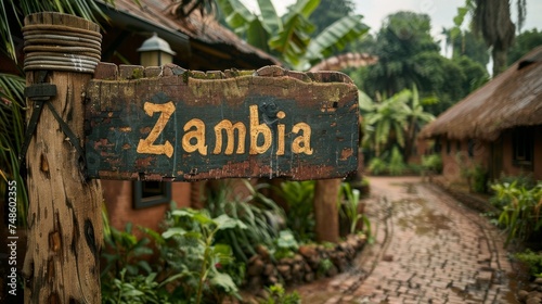 Wooden signboard with Zambia text in a tropical garden