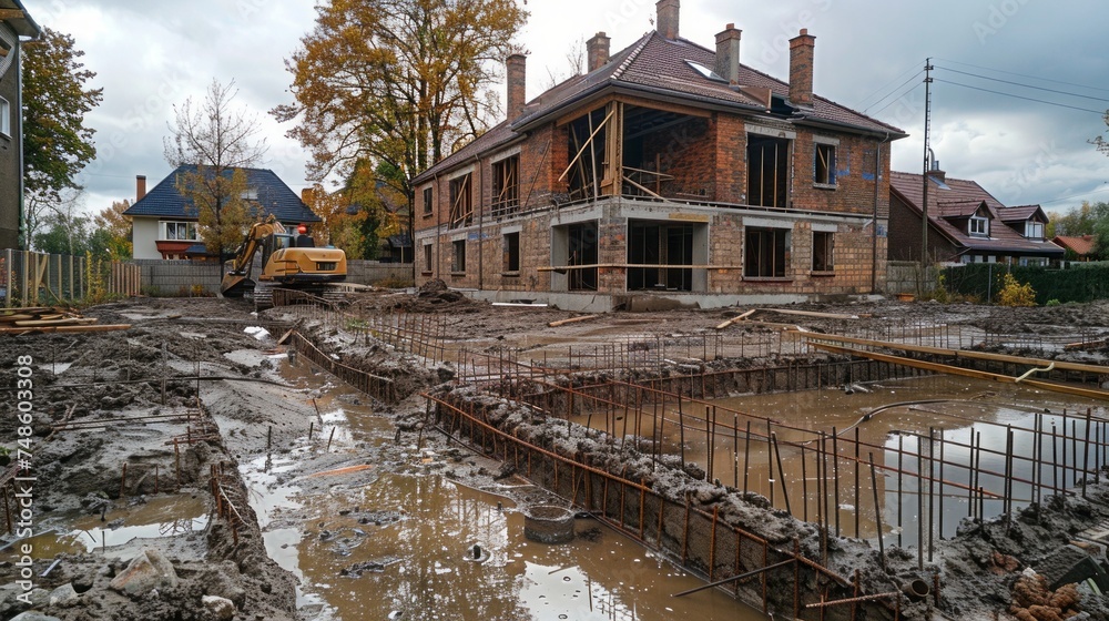 Foundation site of new house, building, details and reinforcements with steel bars and wire rod, preparing for cement pouring 