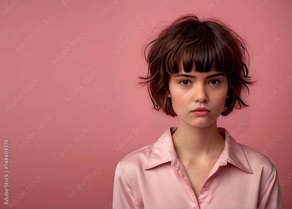 A brooding girl with short hair isolated on a pink background. copy space. studio photo A brooding girl with short hair isolated on a pink background. copy space. studio photo