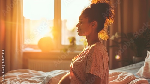 Tranquil and joyful woman giving birth at home, surrounded by a peaceful atmosphere, capturing the serene beauty of home childbirth