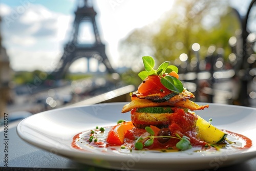 Parisian Culinary Journey: Chef Presents Ratatouille, a Burst of Colors and Flavors, Amidst the Majestic Silhouette of the Iconic Tower. photo