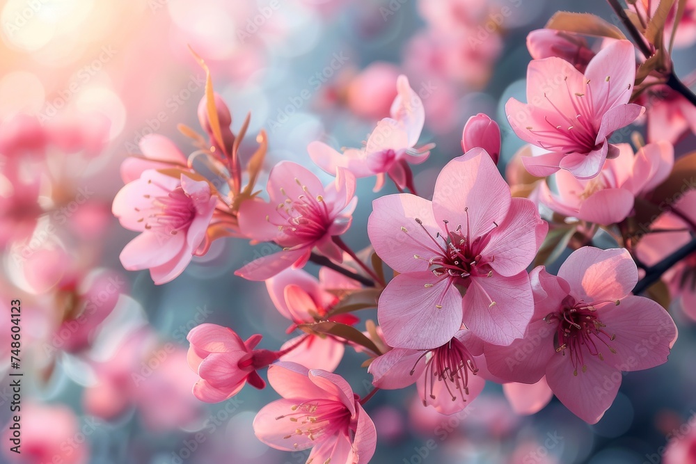 Close-up of a beautiful branch with pink blossoms, selective focus, botanical background