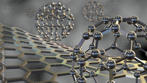 carbon nanostructure called fullerene on the black background 3d rendering photo