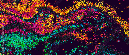 Colorful gradient dots randomly flowing and swirling in liquid stream. Chaotic motion of small colorful circles. Abstract dynamic particles background for banner, flyer, poster. Vector Illustration