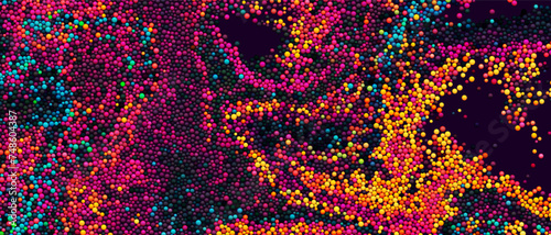 Colorful gradient dots randomly flowing and swirling in liquid stream. Chaotic motion of small colorful circles. Abstract dynamic particles background for banner, flyer, poster. Vector Illustration