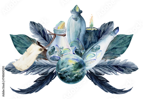 Hand drawn watercolor illustration sea witch altar objects. Glass vial jar bottle gems precious stones, bird feathers plumage. Composition isolated on white background. Design for print, shop, magic