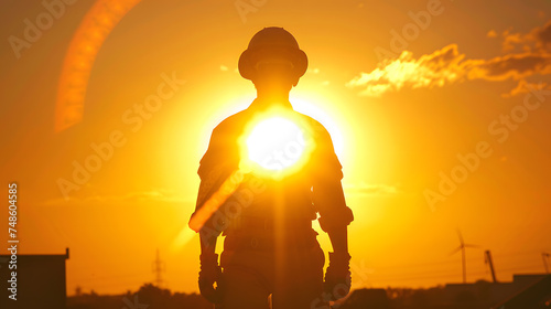 A conceptual image of a worker standing in front of a rising sun. The worker silhouetted against the sun. The sun's rays shining brightly.