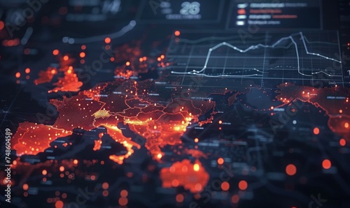 Network attack  Visualization of traffic  highlighting anomalous attempts to access the network or transmit data to untrusted servers. Graphs and charts show the increase and the intensity activity.