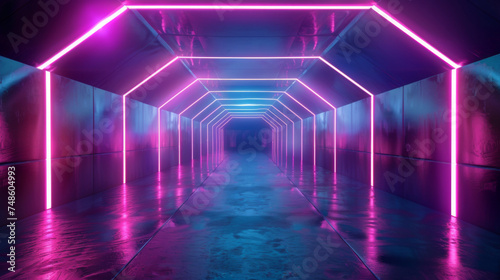A glowing neon tunnel, with blue and pink lights.