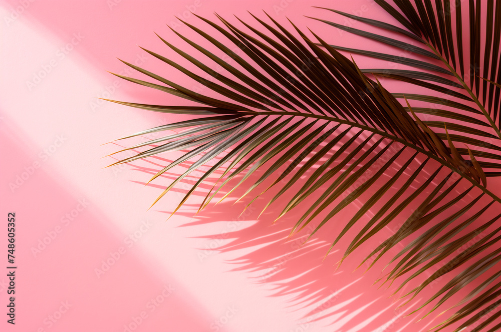 Obraz premium Palm leaf with shadow on pink background