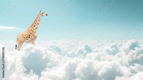 a giraffe standing in the middle of a cloud filled sky with a blue sky in the back ground.