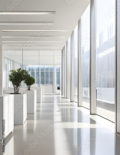 A bright and spacious office interior, with reflective glass partitions and a clean, minimalist aesthetic, bathed in natural daylight. Generative AI