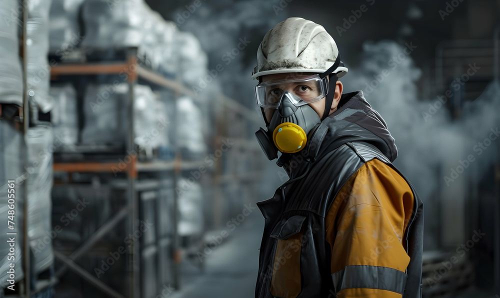 Worker of modern factory or distribution warehouse wearing respirator