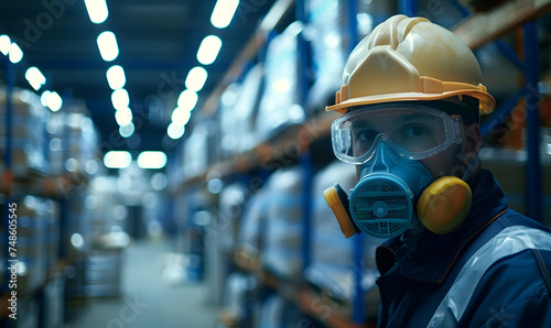 Worker of modern factory or distribution warehouse wearing respirator