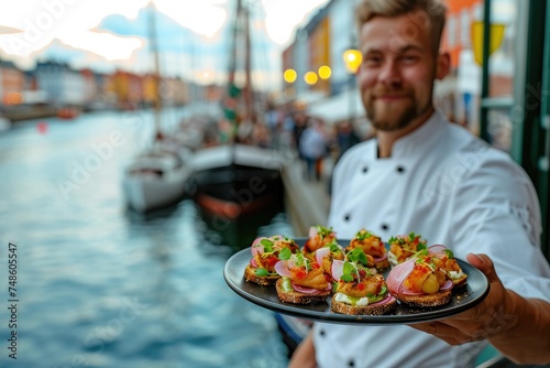 Fototapeta Naklejka Na Ścianę i Meble -  Savoring Tradition: Chef Showcases the Delights of Smørrebrød Against the Picturesque Backdrop of Nyhavn Harbor in Copenhagen.