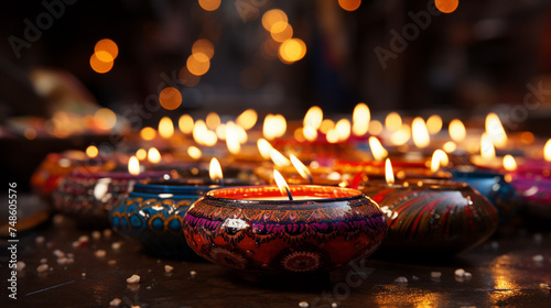 Happy diwali clay diya lamps lit during dipavali