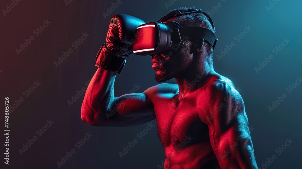 African-American man in virtual glasses and boxing gloves engages in cyber boxing, immersed in virtual reality against a dark background
