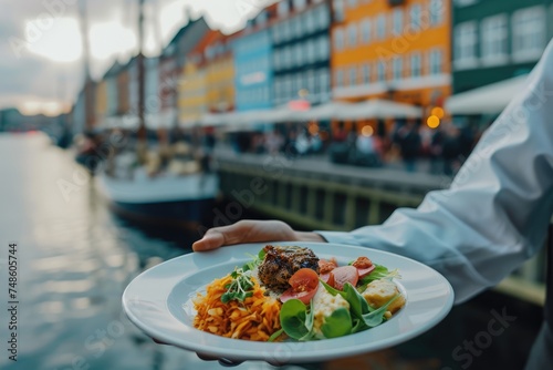 Fototapeta Naklejka Na Ścianę i Meble -  Savoring Tradition: Chef Showcases the Delights of Smørrebrød Against the Picturesque Backdrop of Nyhavn Harbor in Copenhagen.