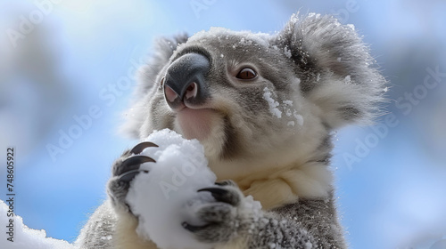 a close up of a koala with snow on it's face and a blue sky in the background. photo